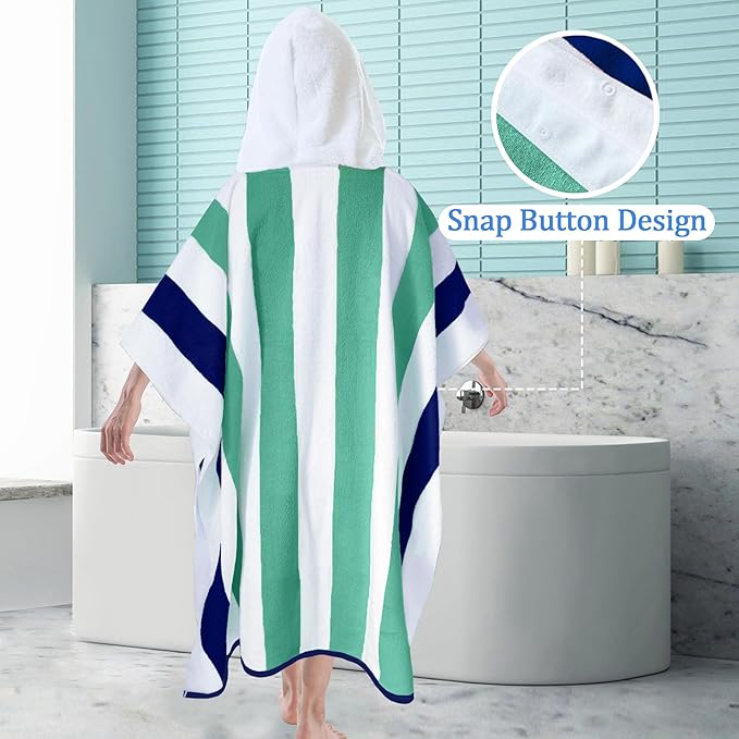 VOOVA & MOVAS Big Kid Hooded Towel, Absorbent Cotton Thick Hooded Towel Robe for Teens,Perfect for Pool, Beach, Bath, Green Blue White Stripe