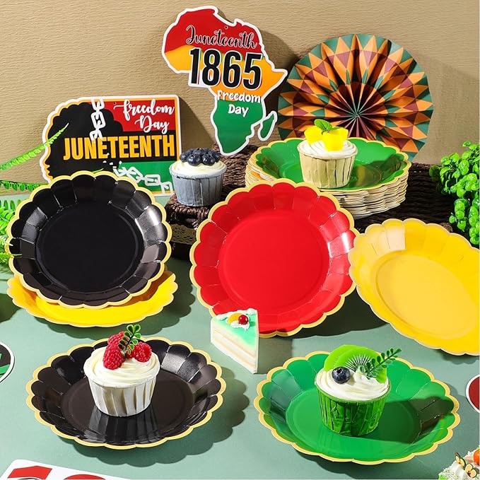 96 Pcs Red Green Yellow Black Paper Plates 7 Inch Scalloped Juneteenth African American Festival Disposable Dessert Plates for Black History Month Bridal Wedding Birthday Party Supplies