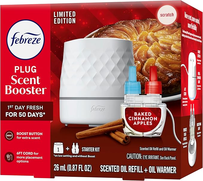 Febreze Plug Scent Booster Starter Kit, Oil Diffuser, Air Freshener Plug in, Continuous Scent, 2 Devices + 2 Baked Cinnamon Apple Refill