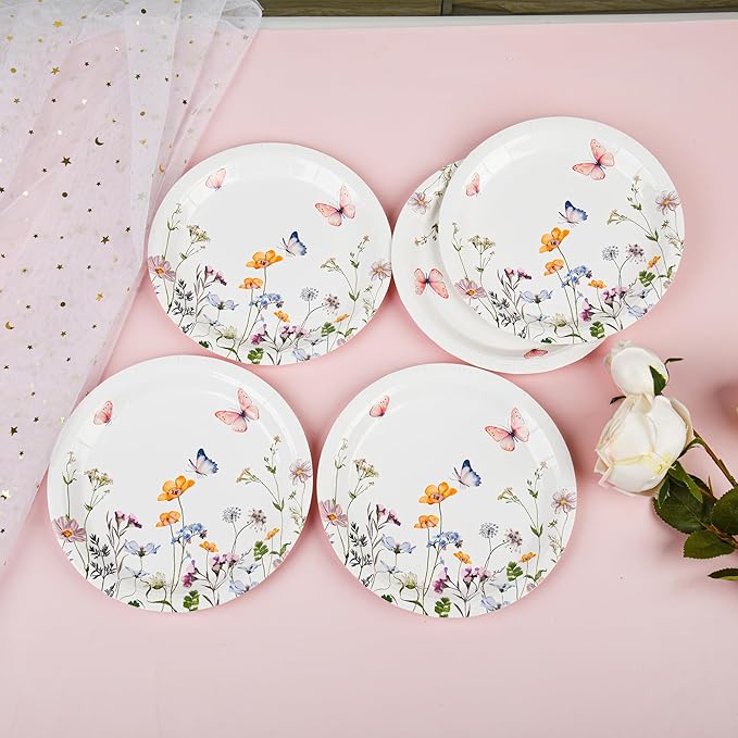 AimFun 48 Pcs Wildflower Paper Plates 9 Inch Disposable Floral Plates Spring Summer Watercolor Rustic Botanical Dinner Plates for Baby Shower Birthday Bridal Shower Wedding Tea Party
