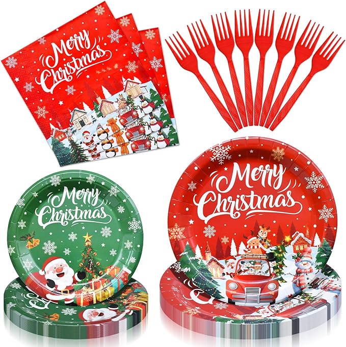 100 Pieces Christmas Party Tableware Set – Merry Christmas Disposable Plates, Napkins and Forks, Santa Snowman Red Green Dinnerware for Xmas Holiday Birthday and Winter Party Supplies