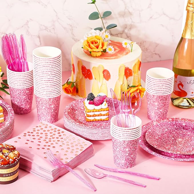 Hushee 175 Pcs Pink Holographic Print Party Supplies Guests Disposable Dinnerware Set Include Paper Plates, Napkins, Cups, Plastic Cutlery for Wedding Birthday Disco Bachelorette