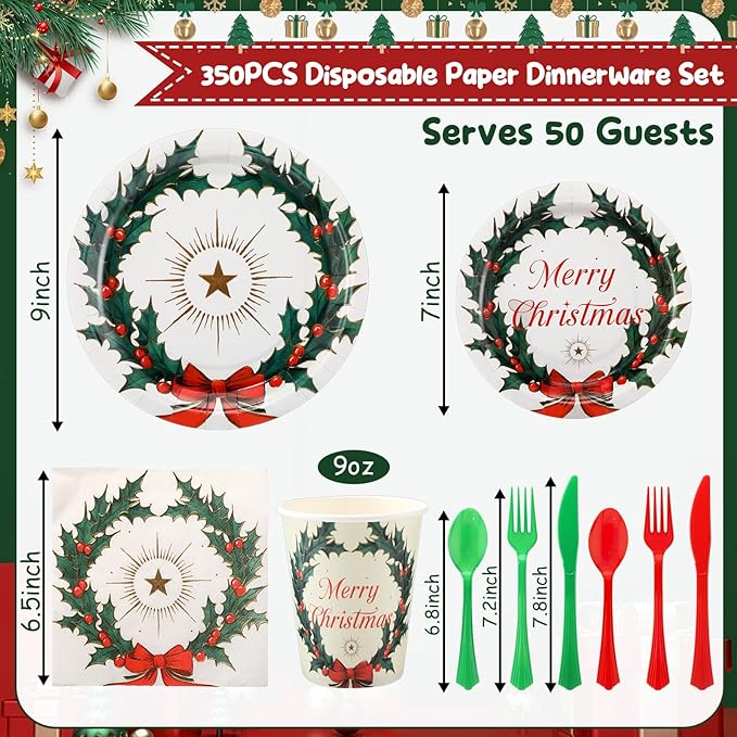 FillTouch 350 Pcs Merry Christmas Paper Plates and Napkins Set for 50 Guests Disposable Dinner Tableware Dinnerware Party Supplies Includes 100 Paper Plates 50 Cups Napkins Set Knives Forks Spoons
