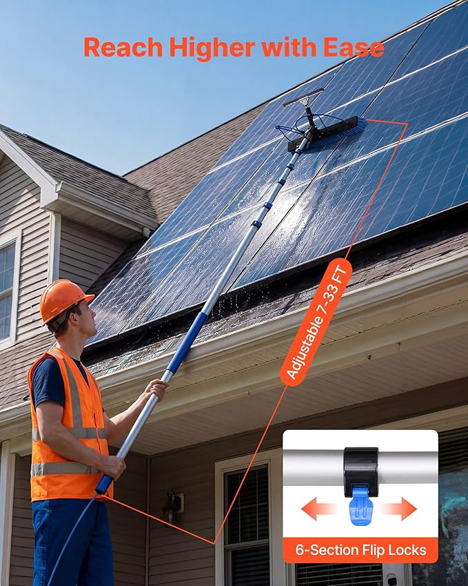 VEVOR Solar Panel Cleaning Kit, 33 ft, Water Fed Pole Kit with Cleaning Brush, Squeegee, Soap Dispenser, Extendable Aluminum Telescopic Pole, 180° Rotatable Brush Head, for Roof Mounted Solar Panels