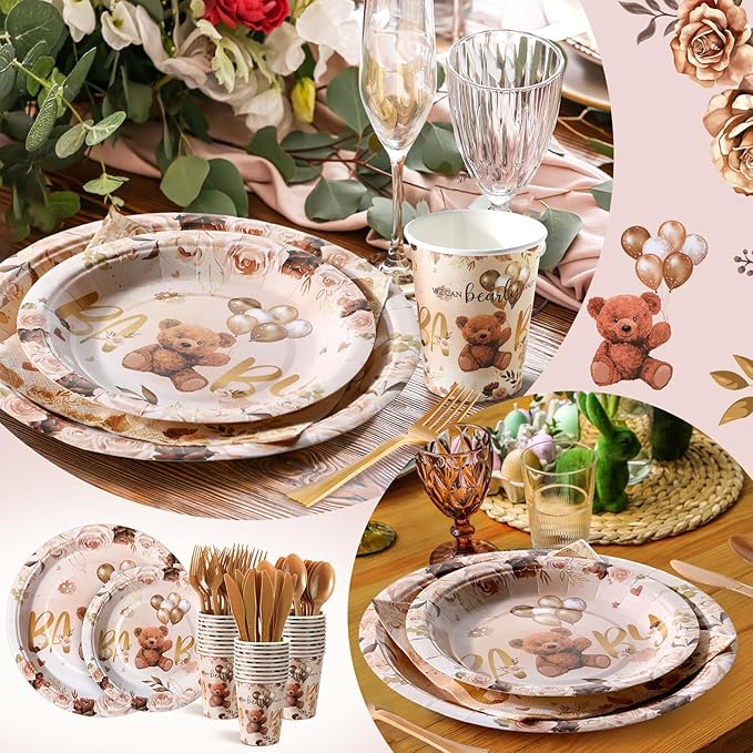 FillTouch 350 Pcs Bear Baby Shower Party Supplies Set Bear Disposable Paper Plates Napkins Cups Knives Forks Spoons for 50 Guests Baby Shower Party Birthday