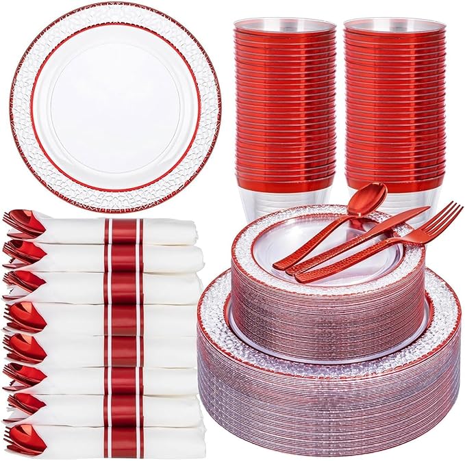 Ciaell 350 PCS Clear and Red Plastic Plates – Red Dinnerware Set for 50 Guests Include 100 Plastic Plates, 50 Pre Rolled Napkins with Cutlery Set, 50 Cups for Wedding & Party