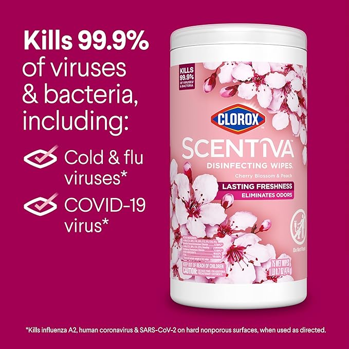 Clorox Scentiva Disinfecting Wipes, Cherry Blossom and Peach, Antibacterial, 75 Count