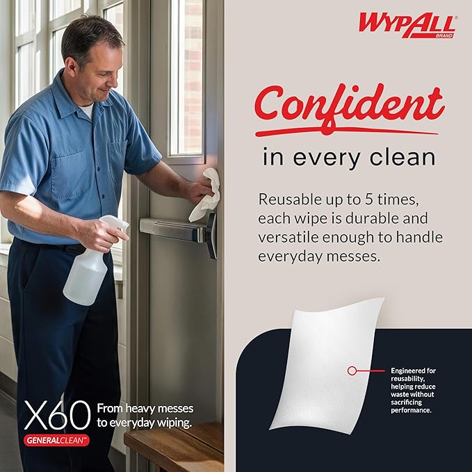 WypAll GeneralClean X60 Cloths Multi-Task Cleaning Wipes (34900), Strong and Absorbent Towels, White (6 Packs of 150 Sheets, 900 Sheet Total)