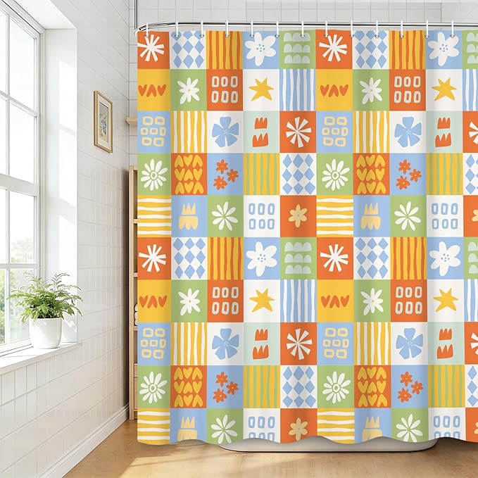 Boho Checkered Floral Shower Curtain Set Multicolored Geometric Flower Print Shower Curtains for Bathroom Waterproof Fabric Bathtub Decorations with Hooks 84x72 Inches