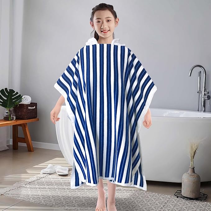 VOOVA & MOVAS Hooded Poncho Towel for Teens Unisex 100% Cotton Durable Timeless Beach Pool Swim Cover Up Navy Blue Bold Stripe