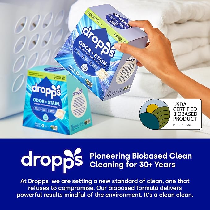 Dropps Odor & Stain Laundry Detergent Pods, Crisp Breeze (64 Count) - Powerful Laundry Pods | Complete Clean Laundry Soap | Fights Odors & Stains | Clean Ingredients | Plastic Free Packaging