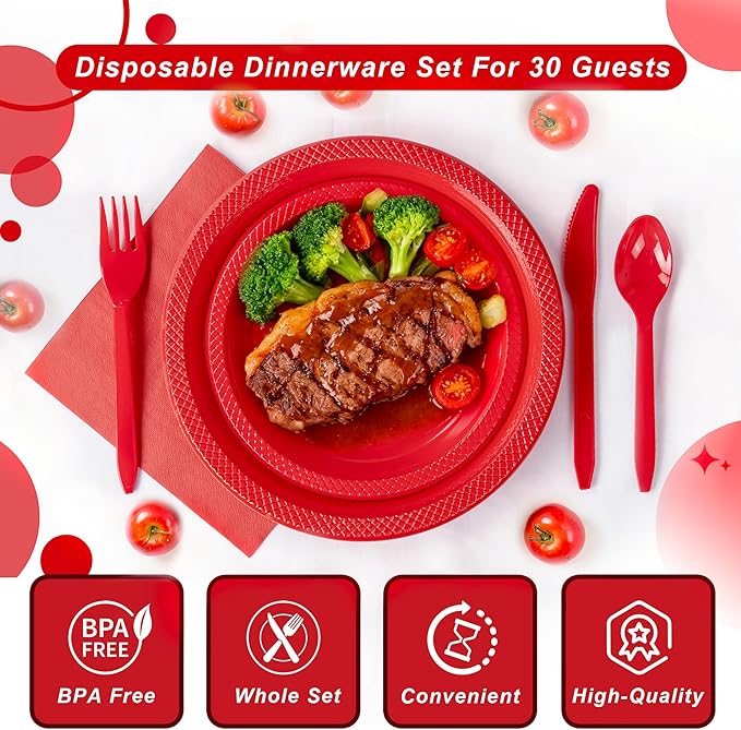 WELLIFE 210 PCS Red Plastic Plates for 30 Guests - Disposable Dinnerware Set Including Dinner Plates, Dessert Plates, 12oz Cups, Cutlery & Napkins, Red Disposable Plates for Valentines