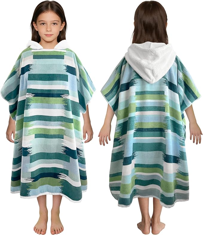 VOOVA & MOVAS Hooded Poncho Towel for Teens Unisex 100% Cotton Trendy Stylish Beach Pool Swim Cover Up Green Blue Geometric Pattern