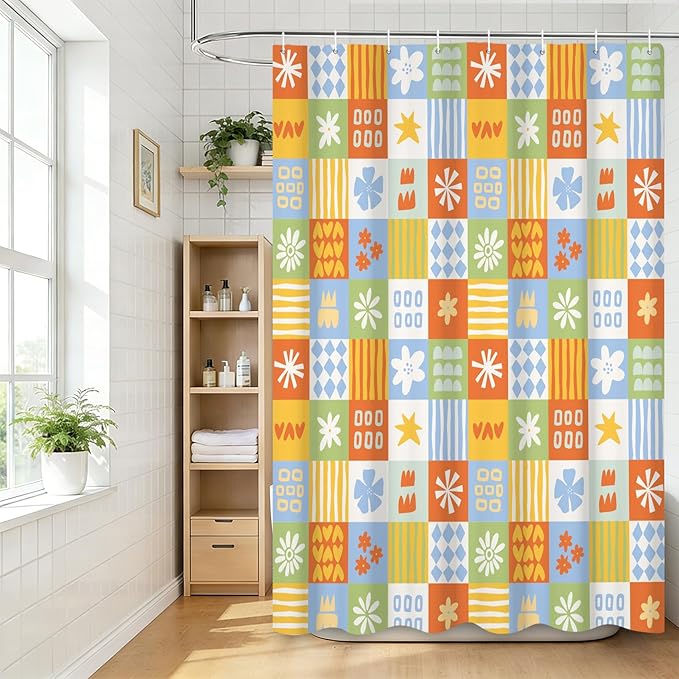 Boho Checkered Floral Shower Curtain Set Multicolored Geometric Flower Print Shower Curtains for Bathroom Waterproof Fabric Bathtub Decorations with Hooks 48x72 Inches