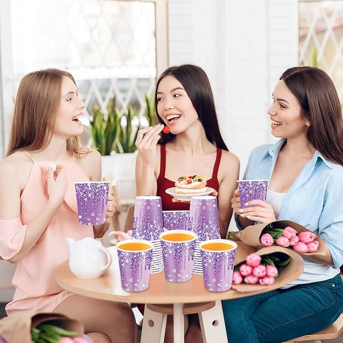 50pcs Purple Silver Birthday Party Paper Cups 9o Diamonds Purple Party Cups Supplies Purple Silver Theme Party Disposable Cups For Women Girls Birthday Wedding Baby Shower Party Favors Decorations