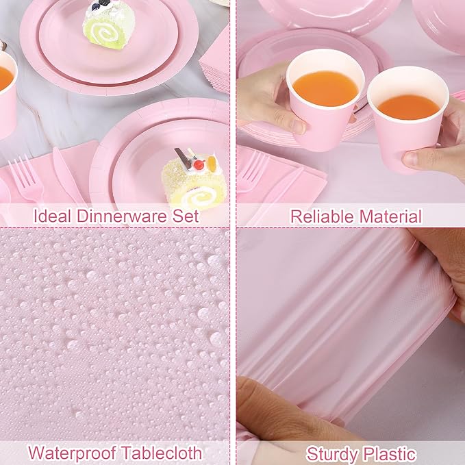 Kochorie 169 Pieces Light Pink Party Supplies Disposable Dinnerware Set Include Plates and Cups Napkins Plastic Forks Knives Spoons Tablecloth for Wedding Birthday Party Decorations, Serve 24 Guests