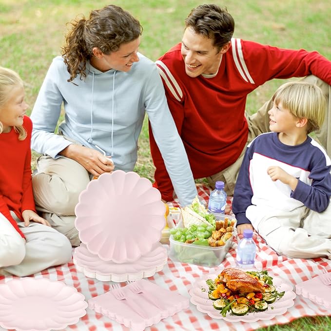 75 Pcs Pink Paper Plates and Napkins Disposable Tableware Set Include Light Pink Scalloped Plates with Shell Edge, Napkins & Forks for Mother's Day Wedding Baby Shower Birthday, Serve for 25 Guests