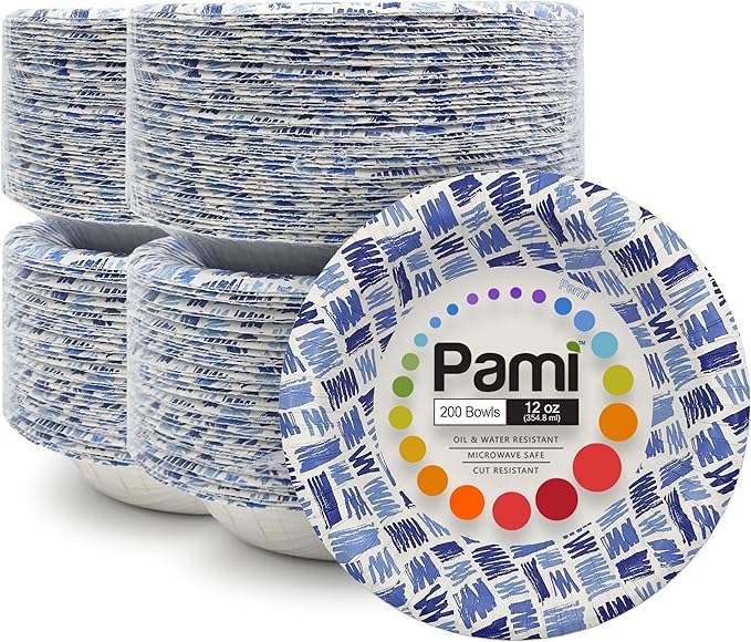 PAMI Blue Paper Bowls 12 Oz Pack of 200, Heavy Duty Disposable Microwave Safe Oil Water Cut Resistant Paper Plates and Bowls