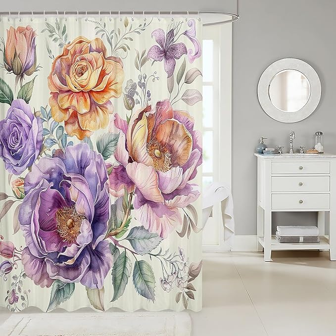 Peony Flower Waterproof Shower Curtain - Luxury Heavy Fabric Floral Botanical Bathroom Decor for Hotel, Home, Dorm, Bathtubs - Machine Washable With Grommets - 72 x 84 Inch