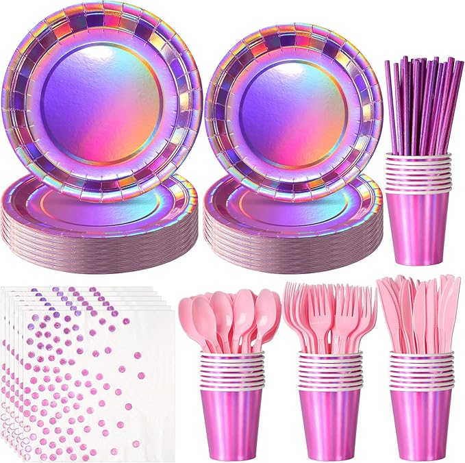 Iridescent Pink Party Supplies Decorations Serve 50, Hot Pink Holographic Paper Plates and Napkins Set, Disposable Pink Paper Plates Cups Knives Spoons Fork for Mermaid Disco Kpop Birthday Party Decor
