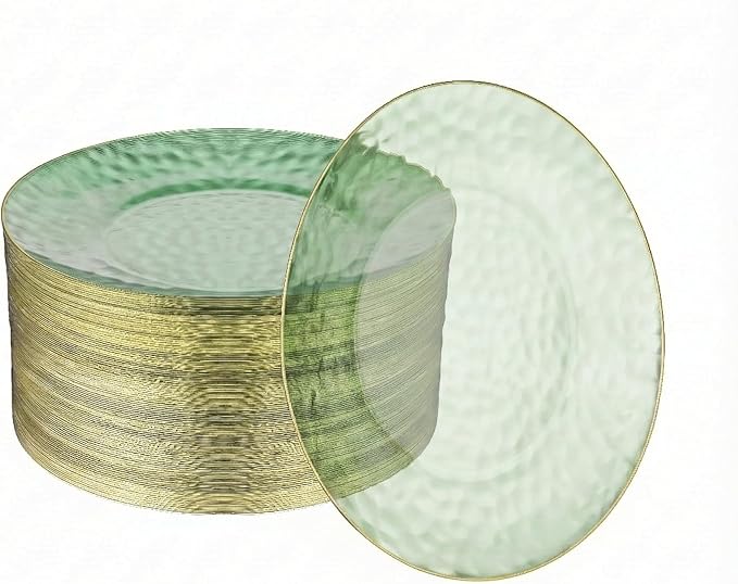 R-kay 100 Pack Green Plastic Plates - 6 Inch Hammered With Gold Rim, Sturdy, Durable And Extra Heavy duty Green Dessert Plates Disposable - Ideal For Appetizer And And For Desserts.