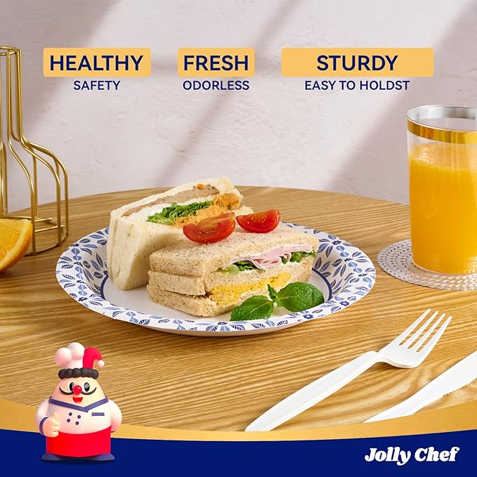 JOLLY CHEF 10 inch Disposable Paper Plates 500 Count, Soak Proof, Cut Proof, Heavy Duty Paper Plates for Party or Everyday Use