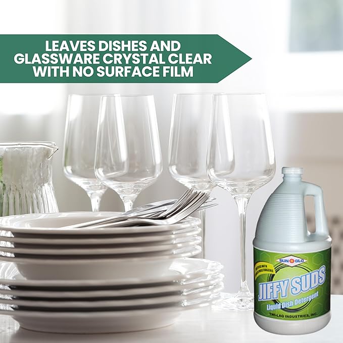 Sun-Glo Jiffy Sudz - Your Essential Dishwashing Liquid for Sparkling Dishes & Glassware. Gentle on Hands. (4x1 Gallon Case)