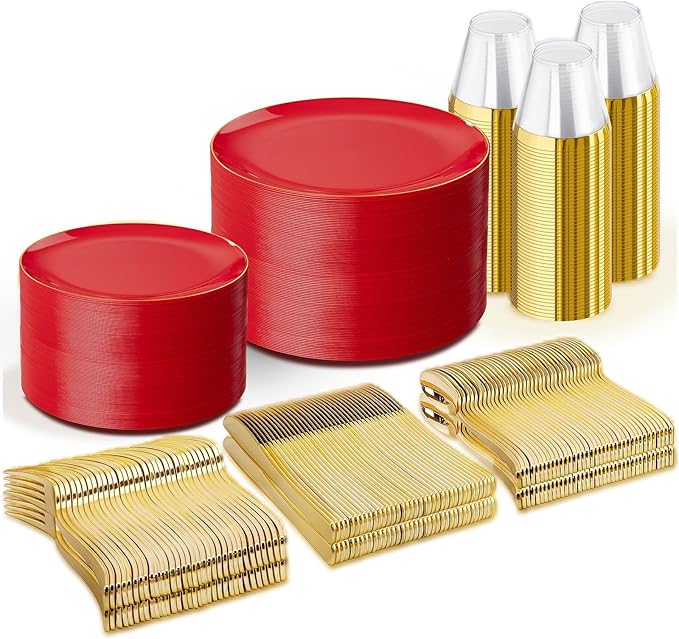 WDF 300Pcs Red Disposable Plates - Red Plastic Plates - 50guest Disposable Dinnerware Include 50 Dinner Plate, 50 Dessert Plate, 150 Cutlery & 50 9oz Cups for Wedding/Birthday/Party