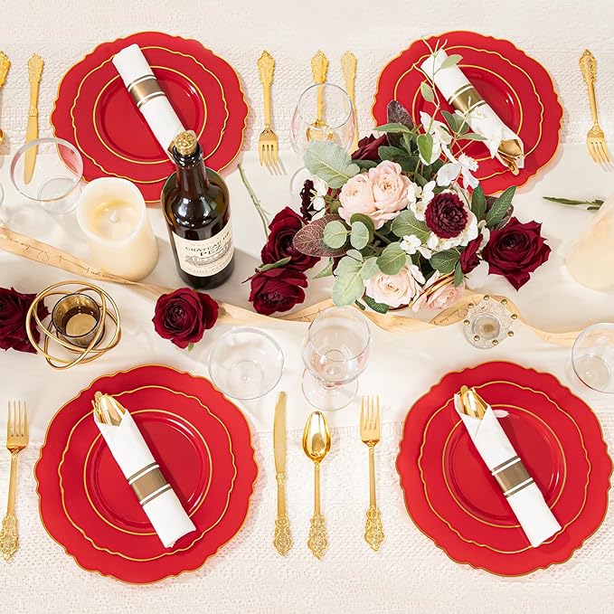 Liacere 350PCS Red Plastic Plates - Red Disposable Plates With Gold Rim - 50Guest Baroque Plastic Dinnerware include 100Plates-50Pack Pre Rolled Napkins with Silverware 50Cups for Wedding&Memorial day