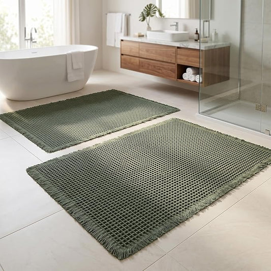 Set of 2 Waffle Bathroom Rugs, Non Slip Absorbent Waffle Knit Bath Mat for Shower Floor, Tub and Bathroom Door, Ultra Soft Quick Dry, Olive Green, 17"x24"+18"x30"