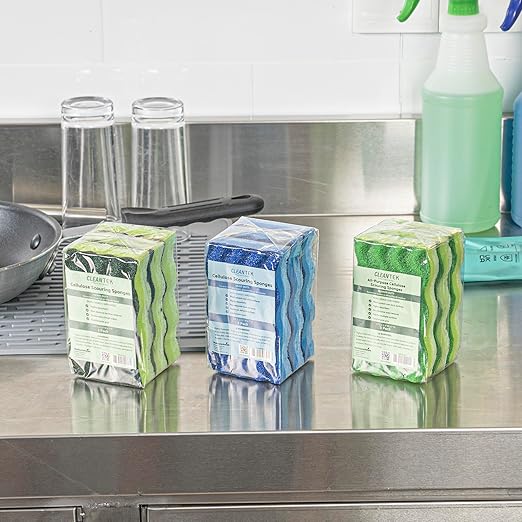 Restaurantware Cleaning Sponge 3 Count 4.5 x 2.5 Inches Cellulose Non-Abrasive Deep-Groove Durable Rectangular Green