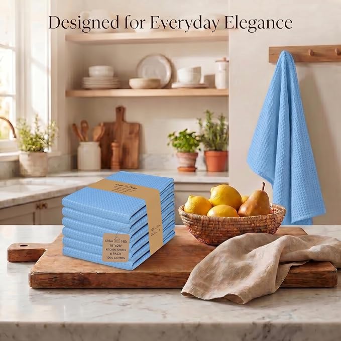 Urban Villa Kitchen Towels Waffle Dish Towels for Kitchen Sky Blue Color Set of 6 Over Sized 18x28 Inches Kitchen Towels Highly Absorbent 100% Cotton Kitchen Hand Tea Towels Dish Cloths