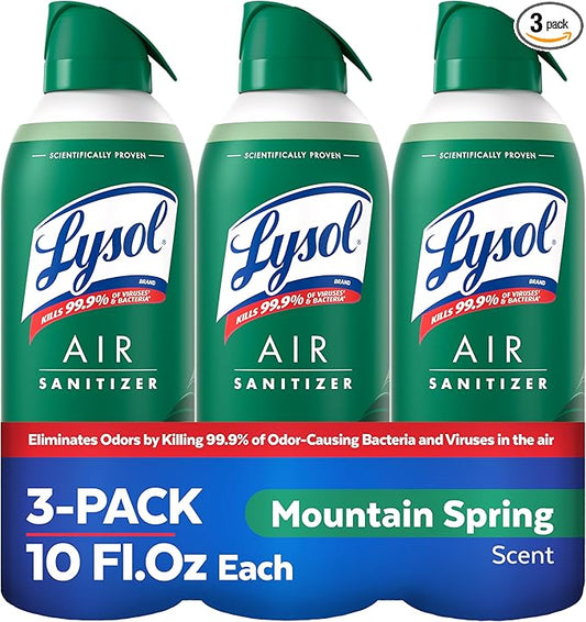 Lysol Air Sanitizer Spray with Bacterial Odor Eliminator for Home & Office, Sanitizing Air Spray, Air Freshener Alternative, Mountain Spring Scent, 10 oz (Pack of 3)