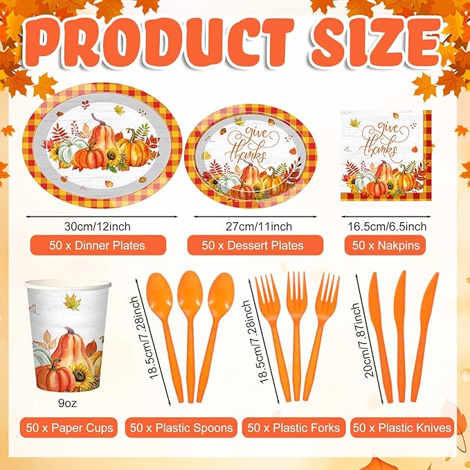 Havawish 350 Pcs Fall Thanksgiving Party Supplies Give Thanks Tableware Set Orange Buffalo Plaids Pumpkin Disposable Oval Plates Cups Napkins Fork Knife Spoon Dinnerware for Autumn Party Table Decor