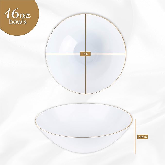 [16 OZ 40 Count] White Plastic Floral Design Party Soup bowls With Gold Rim Premium heavyweight Elegant Disposable Tableware Dishes