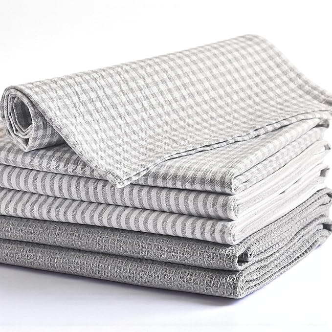 Cotton Dish Towels For Kitchen Drying - Highly Absorbent Light Gray Striped Gingham Plaid Tea Towels - 18"X28" Set Of 6 Farmhouse Linen Dishtowels In Bulk - Pano De Prato Para Cozinha - T Towles Towls