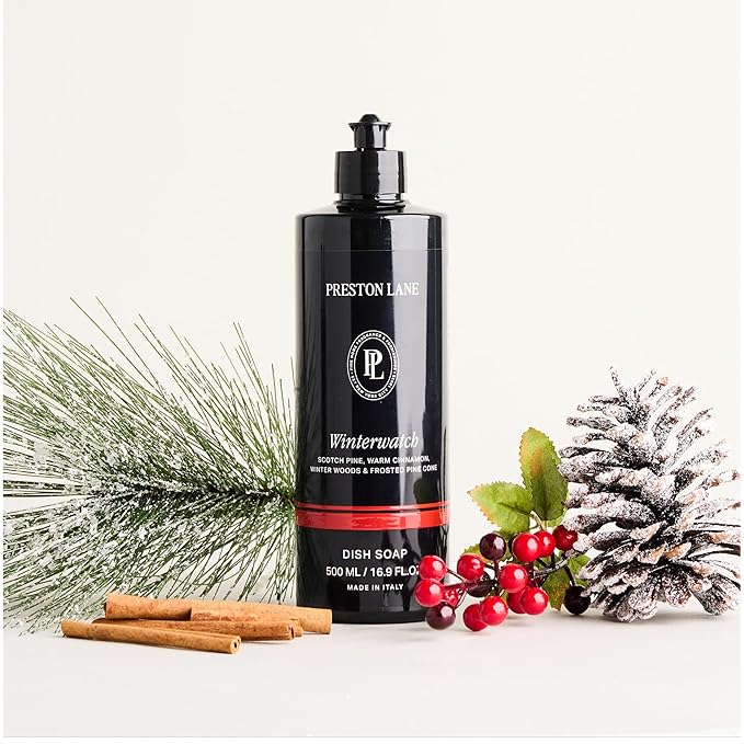 Preston Lane Luxury Dish Soap, Winterwatch Scent – Plant Powered Formula with Essential Oils | Tough on Grease, Gentle on Hands | Vegan, Cruelty Free, Non Toxic Home Essential
