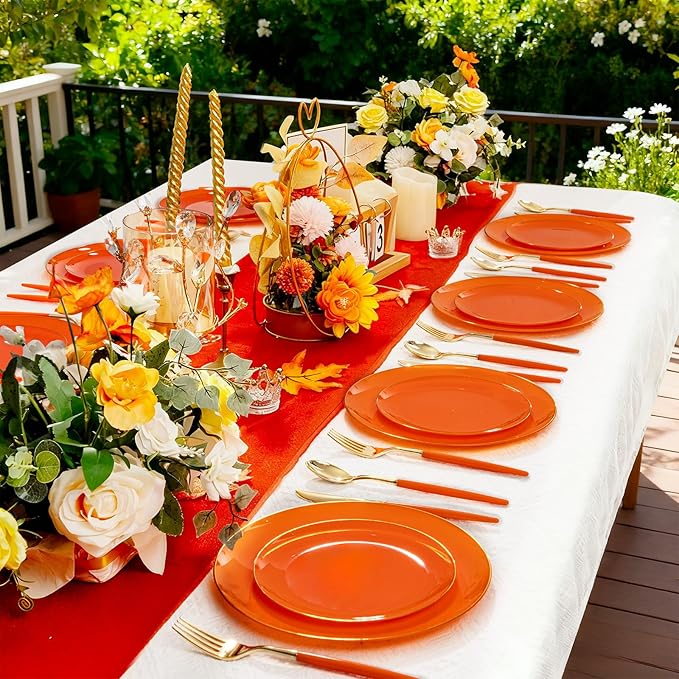 DaYammi 150Pcs Orange Plastic Plates & Gold Cutlery Set - Orange Disposable Plates with Gold Rim Includes 30 Dinner Plate,30 Dessert Plate,30 Knives,30 Forks,30 Spoons Perfect for Party Wedding