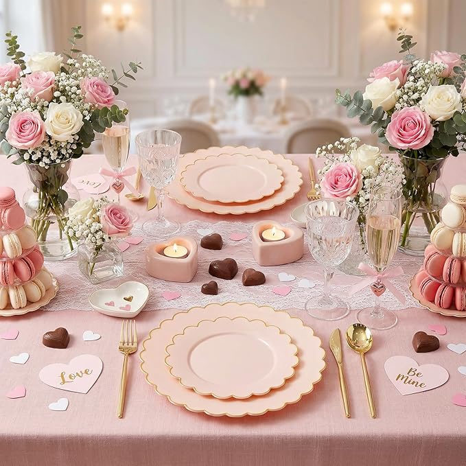 LIYH 60 Pcs Pink Plastic Plates with Gold Pink Plates Disposable Plate Includes 30 Dinner 10.25" and 30 Dessert Plate 7.5" for Baby Shower,Weddings,Parties,Birthday,Mothers Day