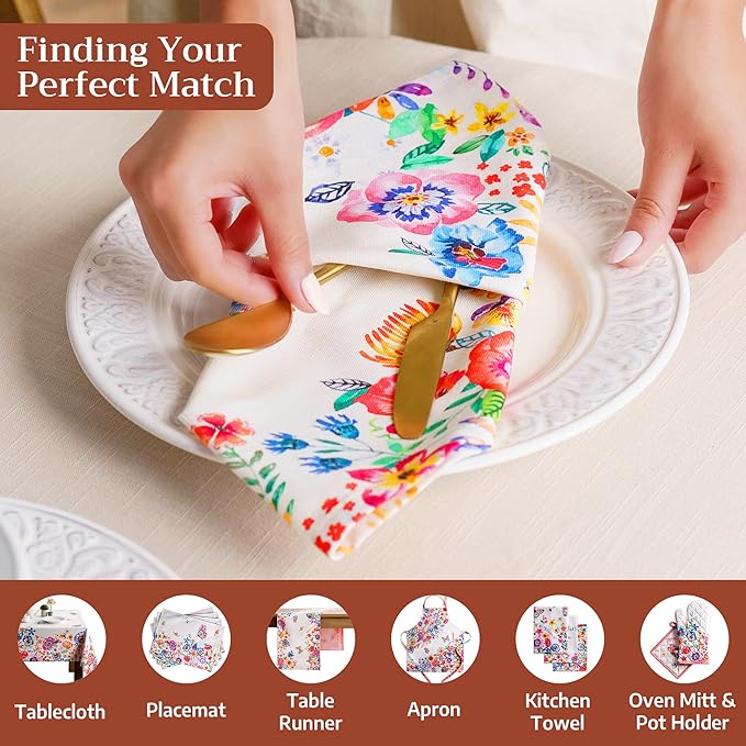Maison d' Hermine 100% Cotton Cloth Napkins Set of 4 Everyday Reusable Square Napkins Cloth Washable Dinner Party Wedding Restaurant Hotel Kitchen Spring Summer(Happy Florals - High Summer, 20" x 20")
