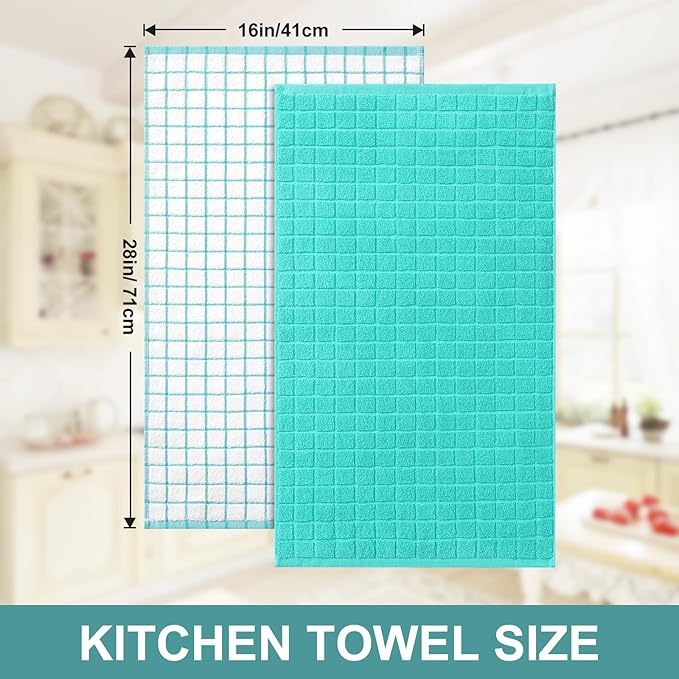 Homaxy Premium Cotton Kitchen Towels 16"x 28", Large Natural Ring Spun 390 GSM Dish Towels, Super Absorbent Terry Kitchen Hand Towels, Soft Tea Towels with Hanging Loop, Aqua Check Design, 4 Pack