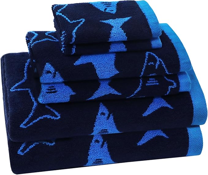 ORIGINAL KIDS 6 Piece Towel Set - Bath Time Shark Attack- 2 Bath Towels, 2 Hand Towels, 2 Washcloths - 100% Cotton Jacquard Soft Absorbent Quick Dry Pool Beach Towel Gift - Navy Blue