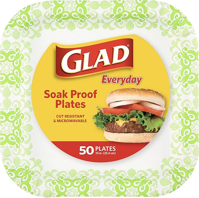 Glad Square Heavy Duty Paper Plates, Soak Proof and Cut Proof Disposable Plates for Parties and Everyday Meals, Microwaveable for Easy Serving, Green Victorian Pattern, 10 Inch, 50 Count
