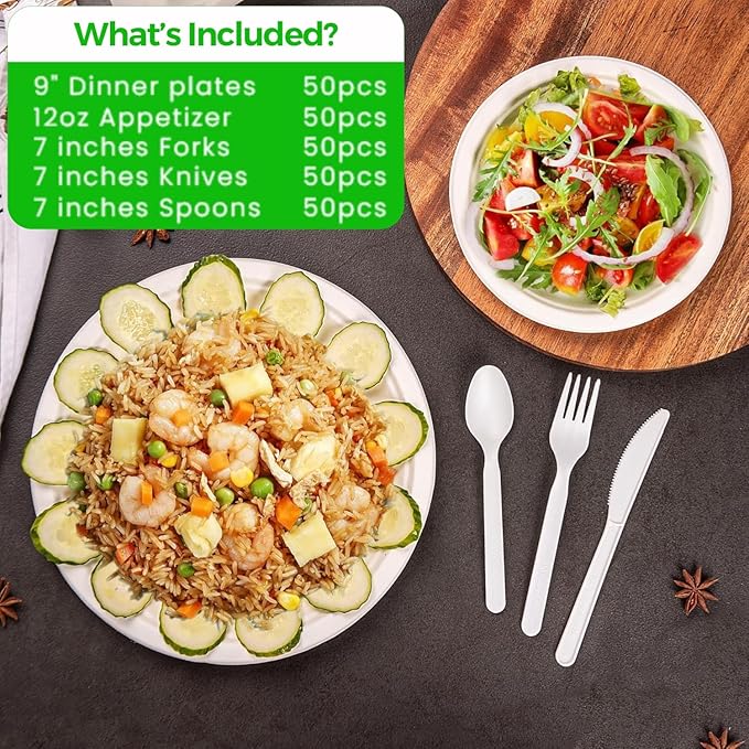 250 PCS Compostable Paper Plates and Utensils Set (EXTRA LONG), White Microwaveable Compostable Dinnerware Set, Disposable Plates, Bowls & Cutlery Includes Forks, Knives & Spoons, 50 Sets Each