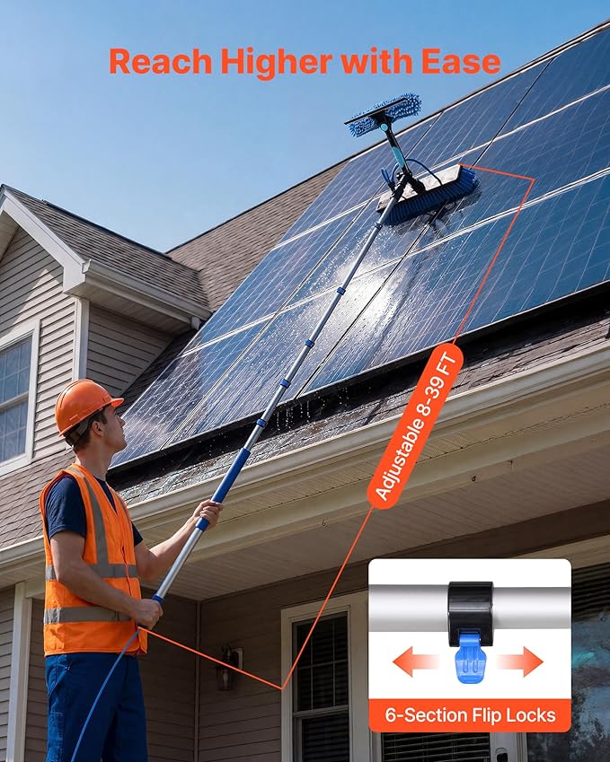 VEVOR Solar Panel Cleaning Kit, 39 ft, Water Fed Pole Kit with Cleaning Brush, Soap Dispenser, Extendable Aluminum Telescopic Pole, 180° Rotatable Brush Head, for Roof Mounted Solar Panels, Windows