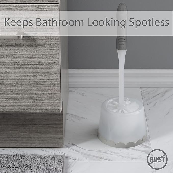 Bath Bliss Deluxe Toilet Bowl Brush and Stand | Dimensions: 5.37” Rd x 15” | 360 Brush Head | Bathroom Cleaning | Contemporary Design | Open Holder | Grey