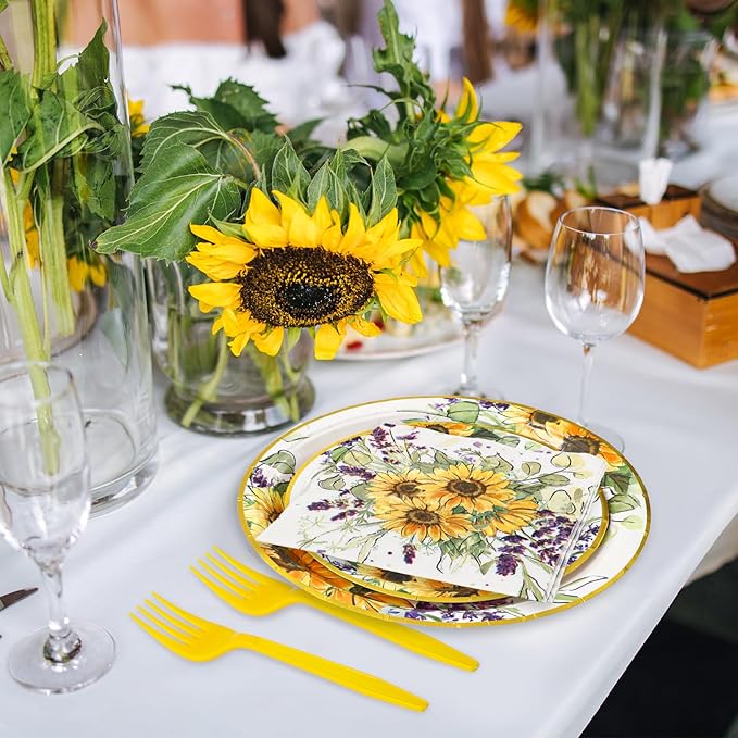 Sunflower Party Supplies Kit Serves 24 Watercolor Floral Paper Plates Napkins Disposable Plastic Forks for Summer Baby Shower Birthday, 7 inch, 9 inch