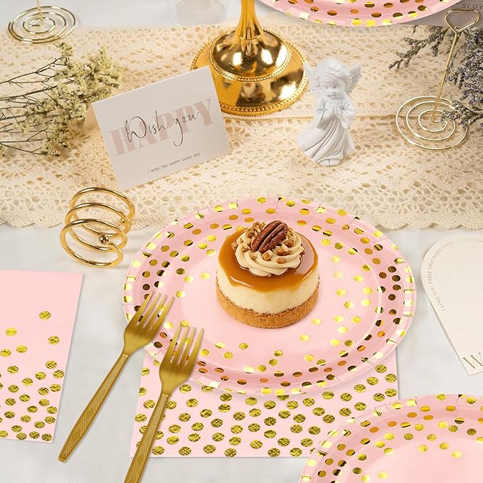 Pink and Gold Paper Plates and Napkins Tablecloth Party Supplies,Serves 25 Guests Pink Gold Plates and Napkins Tablecloth,Disposable Tableware Set for Birthday Wedding Bridal Shower Decorations