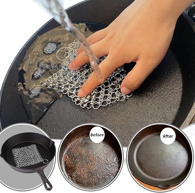 2pcs 5”x5“ Chain Mail Cast Iron Cleaner Scrubber, 316 Chainmail Scrubber Cast Iron Skillet Cleaning Brush, Chainmail Scrubbing Metal Scrub Tool to Clean Dutch Oven Carbon Steel Wok Grill Pan Pot