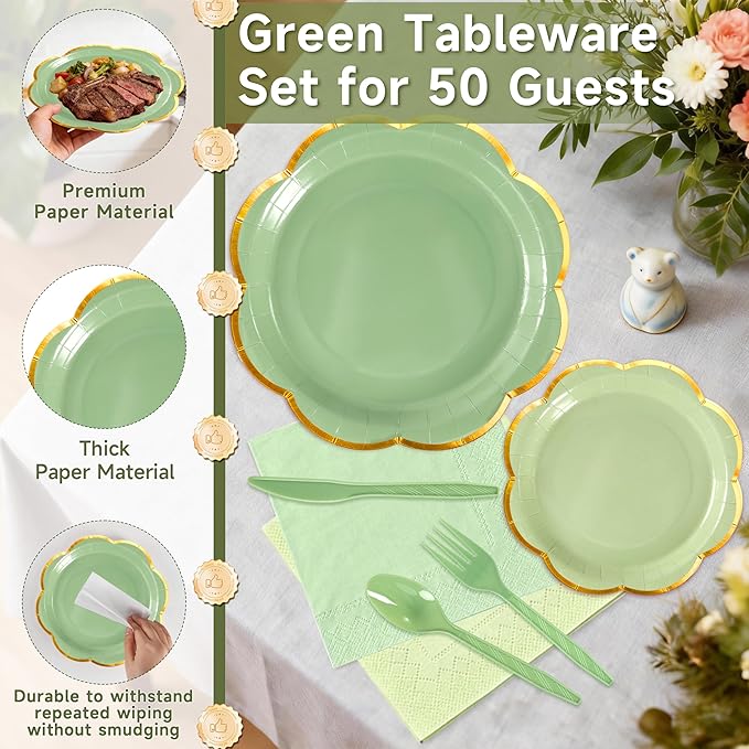 Sage Green Paper Plates and Napkins Party Supplies Serves 50,Green Scalloped Party Plates with Gold Rim,350Pcs Disposable Plates and cups and napkins for Spring Birthday Party Bridal Baby Shower